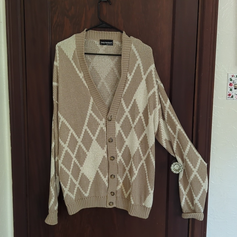 Tony Lambert Brown & Cream Made in USA Oversized Grandpa Cardigan Size Large